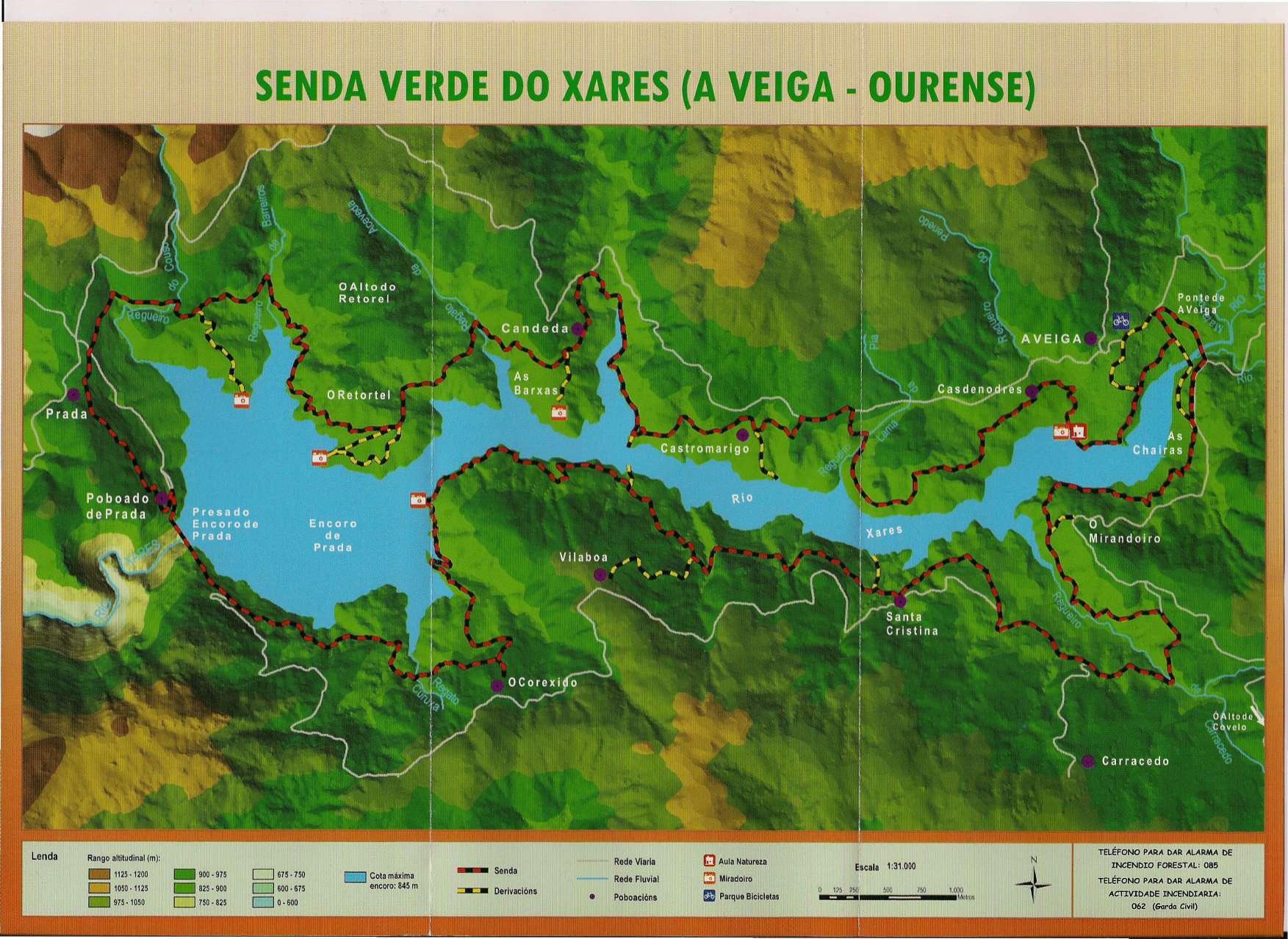 Mapa aéreo de la Senda Verde do Xares alrededor del Encoro de Prada